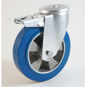 Roulette à trou central, roue à bandage caoutchouc bleu corps aluminium CU 120 à 300 Kg