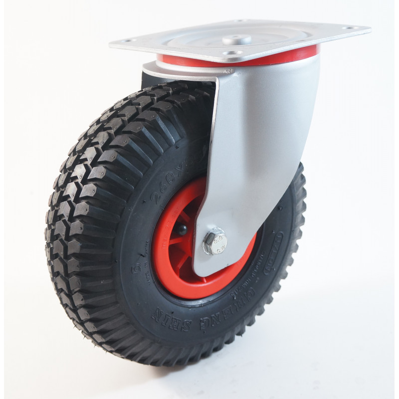Roue gonflable, roue directrice avec dispositif de blocage, profil rainuré,  roulement à rouleaux